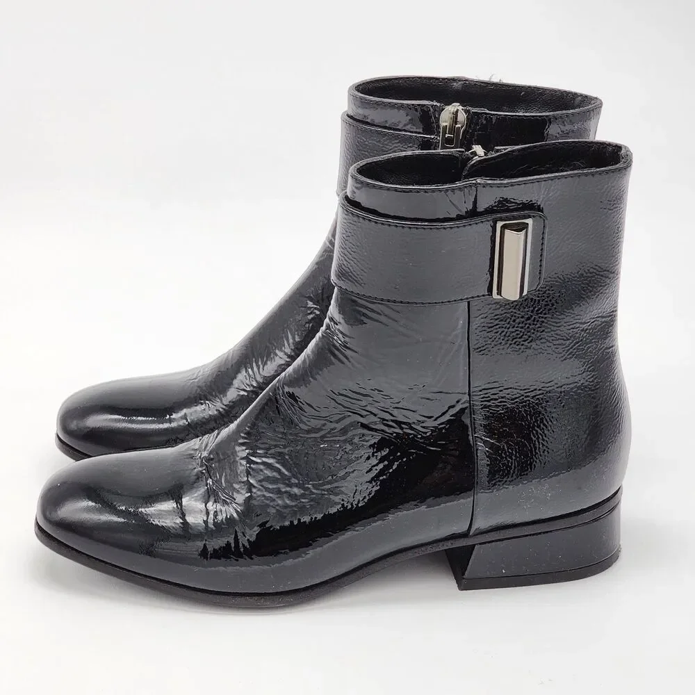 Aquatalia Lupita Sleek Patent Leather Buckle Ankle Boot Booties Black Size 6